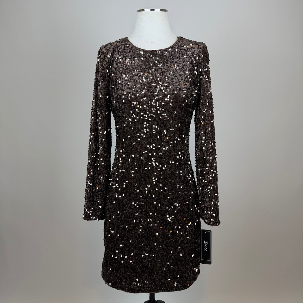 NWT MSK Brown Sequin Long Sleeve Mini Dress Womens Large Cocktail New Years NYE